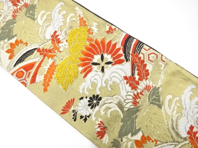 JAPANESE KIMONO / ANTIQUE FUKURO OBI / WOVEN KIKU & PAULOWNIA